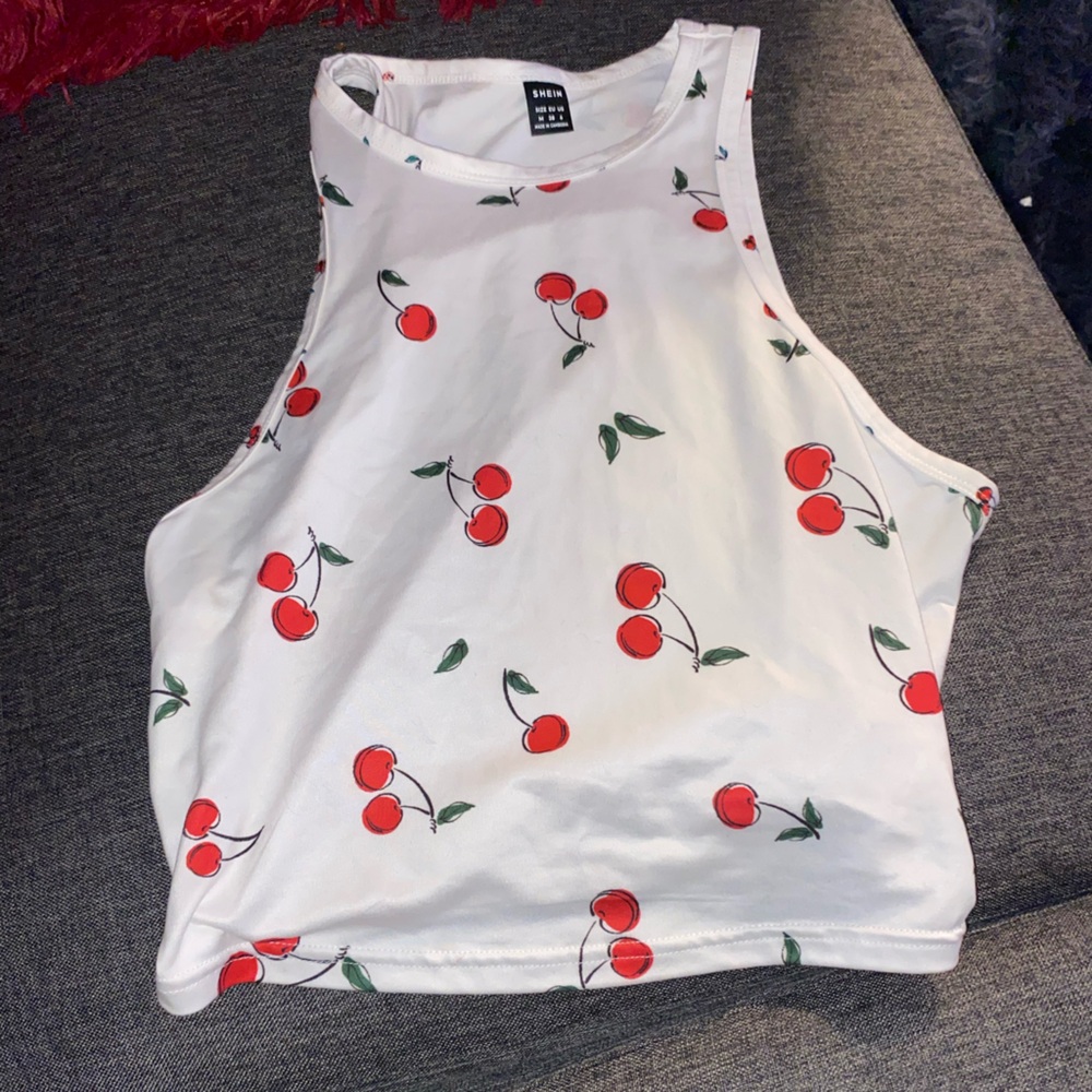 SHEIN White Tank Top with Red Cherry Print
